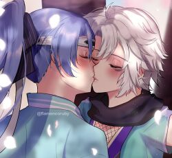 2girls blue_haori cherry_blossoms closed_eyes commentary curtained_hair eiyuu_densetsu english_commentary falling_petals fie_claussell flower haori headband japanese_clothes kasa_(flamencoruby) kiss laura_s._arseid long_hair multiple_girls petals ponytail sen_no_kiseki_(series) short_hair short_sleeves twitter_username white_hair yuri