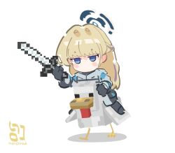 1girl a_minecraft_movie animal artist_name bird blonde_hair blue_archive blue_eyes blue_halo chibi chicken chicken_(minecraft) chicken_jockey_(meme) coat gloves halo marchhed meme minecraft minecraft_sword signature sword toki_(blue_archive) weapon white_background winter_clothes winter_coat
