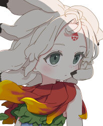 1girl absurdres bare_shoulders blue_shirt blush closed_mouth commentary forehead_tattoo green_eyes highres houjuu_chimi kame_(kamepan44231) long_hair red_scarf scarf shirt simple_background sleeveless sleeveless_shirt solo touhou white_background white_hair