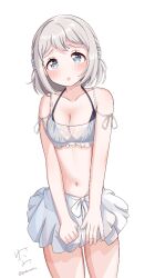 Rule 34 | 1girl, :o, bikini, bikini under clothes, black bikini, blue ribbon, blush, braid, collarbone, commentary request, cowboy shot, crop top, gakuen idolmaster, grey hair, hair ribbon, half up braid, halterneck, idolmaster, katsuragi lilja, looking at viewer, navel, ribbon, ribbon braid, see-through clothes, signature, simple background, skirt, solo, swimsuit, thighs, twitter username, white background, white skirt, yuzunatsu (xrsh8343)