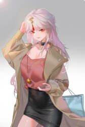 1girl bag black_skirt breasts brown_jacket cleavage genshin_impact handbag jacket jewelry necklace ningguang_(genshin_impact) phone pink_hair qiyue_no_hei_qiaokeli simple_background skirt