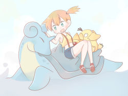 1girl armpits asymmetrical_hair bare_shoulders blue_shorts breasts creatures_(company) denim denim_shorts game_freak gen_1_pokemon green_eyes hair_tie lapras looking_to_the_side looking_up midriff misty_(pokemon) navel nintendo open_mouth orange_hair pokemon pokemon_(anime) pokemon_(classic_anime) pokemon_(creature) ponytail psyduck shiny_skin shirt short_hair short_shorts shorts side_ponytail simple_background staryu suspenders tadaaki tank_top yellow_shirt yellow_tank_top