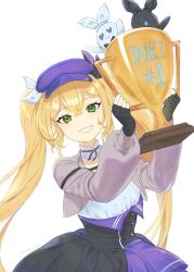 1girl bao_bao_(dokibird) beret black_gloves blonde_hair blue_hat collar cropped_jacket darkgreyclouds dokibird_(vtuber) dokibird_(vtuber)_(retro_doki) fingerless_gloves frilled_collar frills gloves green_eyes grey_jacket hat highres holding holding_trophy indie_virtual_youtuber jacket long_hair looking_at_viewer mei_mei_(dokibird) shirt smile solo trophy twintails virtual_youtuber white_background white_collar white_shirt