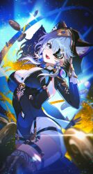 1girl animal_ear_fluff animal_hood belt black_gloves black_hood black_leotard blue_eyes boots breasts cat_girl cat_hood cat_tail cipher_(honkai:_star_rail) coin commentary fingerless_gloves gloves gold_boots gold_coin grey_hair highres holding holding_coin honkai:_star_rail honkai_(series) hood hooded_leotard large_breasts leotard open_mouth short_hair_with_long_locks shorts solo tail thigh_belt thigh_strap thighs white_shorts woodsage88 yellow_nails