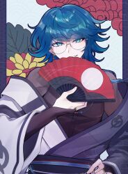 1boy 8ato3abure blue_eyes blue_hair bridal_gauntlets commentary_request earrings glasses grin hand_fan highres holding holding_fan japanese_clothes jewelry long_hair looking_at_viewer male_focus off_shoulder round_eyewear single_earring smile solo tribe_nine ueno_yajirobe upper_body