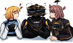 1boy 2girls anger_vein angry armor black_gloves blonde_hair brown_hair bulletproof_vest eagle_1_(helldivers) glaring gloves heart helldiver_(helldivers) helldivers_(series) helmet highres jumpsuit lad_der multiple_girls orange_eyes pauldrons seaf_soldier_(helldivers) short_hair shoulder_armor simple_background smile white_background