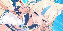 1girl :d absurdres ahoge animal_ear_fluff animal_ears bad_link beach belt bikini bikini_under_clothes blonde_hair blue_eyes blue_hair blue_nails blue_scrunchie blunt_bangs blush cat_ears claw_pose crab dress feet_out_of_frame fins fish_girl fish_tail frilled_sailor_collar frills highres indie_virtual_youtuber kaniki_(sameko_saba) lifebuoy_hair_ornament long_hair looking_at_viewer low_twintails milk_tea_1993 multicolored_hair nail_polish navel one_side_up open_clothes open_dress open_mouth paper_boat sailor_collar sailor_dress sameko_saba sand scrunchie short_shorts shorts sidelocks smile smug solo streaked_hair striped_bikini striped_clothes swimsuit tail twintails two-tone_hair very_long_hair virtual_youtuber white_dress white_shorts wrist_scrunchie