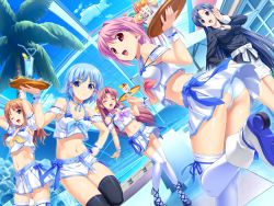 10s 5girls aoi_matsuri ass belt drink eyes_closed game_cg highres himuro_rikka hinata_hanabi koutaro looking_back midriff minazuki_izumi multiple_girls navel open_mouth palm_tree parfait ribbon saotome_nagi shoes smile tray tree tropical_kiss waitress wink
