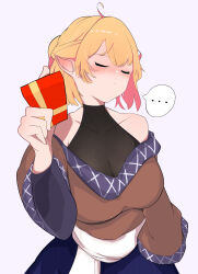 ... 1girl absurdres ahoge black_shirt blonde_hair blush breasts brown_shirt closed_eyes closed_mouth commentary_request cowboy_shot frown futanoki gift half_updo high_ponytail highres holding holding_gift large_breasts mizuhashi_parsee open_mouth pointy_ears ponytail sash see-through_cleavage see-through_clothes shirt short_hair simple_background sleeveless sleeveless_shirt solo spoken_ellipsis touhou undershirt valentine white_background white_sash wide_sleeves