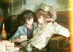 2boys akechi_gorou amamiya_ren birthday birthday_sash black_hair brown_hair cake cake_slice closed_eyes commentary couch cup drinking_glass english_commentary food glasses grey_shirt grin hair_over_one_eye highres holding holding_plate jewelry looking_at_viewer male_focus multiple_boys necklace on_couch one_eye_closed paper_crown persona persona_5 plate ppeko0602 shirt short_hair smile timestamp v watch white_shirt wristwatch
