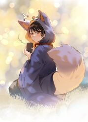 1boy animal animal_ears animal_on_head artist_name axis_powers_hetalia beak bird bird_on_head black_hair black_kimono blush closed_mouth commentary_request cup feathered_wings fingernails flying fox_ears fox_tail from_side full_body grass haori highres holding holding_cup hood japan_(hetalia) japanese_clothes kemonomimi_mode kimono long_sleeves looking_at_viewer male_focus on_head orange_eyes outdoors rope seiza short_hair sitting tail wide_sleeves wings yukinununu yunomi