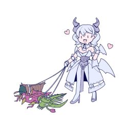 1girl bare_shoulders breasts character_request chibi cleavage demon_girl demon_horns demon_wings dress duel_monster full_body gameplay_mechanics grey_dress grey_hair heart horns iroha_mato leash lovely_labrynth_of_the_silver_castle multiple_wings pet_walking pointy_ears simple_background strapless strapless_dress white_background white_dress wings yu-gi-oh!