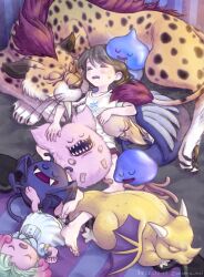 Rule 34 | 2022, 2girls, 6+others, absurdres, antennae, barefoot, brown hair, chimaera (dragon quest), clenched hands, closed eyes, colored skin, commentary request, creature request, dated, dracky, dragon, dragon quest, dragon quest x, drooling, fangs, feathers, great sabrecat, green hair, healslime, heroine (dq10), highres, horns, momo nei, multicolored hair, multiple girls, multiple others, nightgown, nose horn, open mouth, pajamas, pink fur, pink hair, pink skin, puklipo, red shorts, sharp teeth, shirt, shorts, sleeping, slime (dragon quest), small fry (dragon quest), spotted fur, sweatdrop, t-shirt, teeth, twitter username, white fur, white horns, white nightgown, white shirt, yellow fur, yellow skin