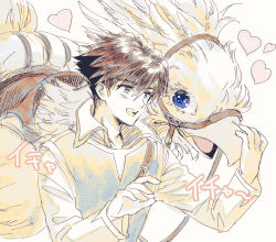 1boy bartz_klauser belt blue_eyes blue_shirt blue_tunic boco brown_hair chocobo final_fantasy final_fantasy_v headpat heart shirt smile takatora teeth tunic