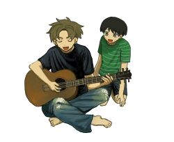 2boys :d acoustic_guitar aged_down barefoot black_hair black_shirt black_shorts brothers brown_eyes brown_hair child closed_eyes commentary_request denim ear_piercing earrings full_body futsuu_no_keion-bu green_shirt guitar highres indian_style instrument jeans jewelry kneeling male_focus multiple_boys music open_mouth pants parted_bangs piercing playing_guitar playing_instrument shirt short_sleeves shorts siblings simple_background sitting smile striped_clothes striped_shirt t-shirt takami_kouki takami_ryuki torn_clothes torn_jeans torn_pants u_u white_background zz_5mm