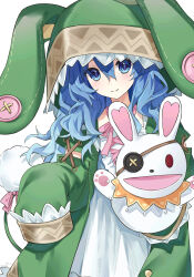 1girl 1other absurdres animal_ears animal_hood blue_eyes blue_hair coat date_a_live dress eyepatch fake_animal_ears hand_puppet highres himekawa_yoshino hood large_buttons long_hair long_sleeves looking_at_viewer open_mouth pom_pom_(clothes) puppet rabbit_ears rabbit_puppet shiqila smile white_background white_dress yoshinon