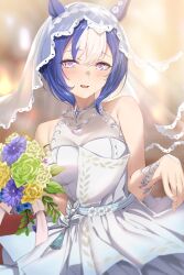 1girl animal_ears blue_hair blurry blurry_background blush bouquet breasts bridal_veil cesario_(twinbell_queen)_(umamusume) cesario_(umamusume) cleavage commentary covered_collarbone dress ears_through_headwear flower highres holding holding_bouquet horse_ears horse_girl kagari_liroi looking_at_viewer multicolored_hair official_alternate_costume open_mouth purple_eyes see-through_cleavage see-through_clothes short_hair smile solo streaked_hair umamusume veil wedding_dress white_hair