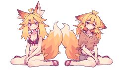 Rule 34 | 2girls, :&gt;, ahoge, animal ear fluff, animal ears, antenna hair, bags under eyes, bikini, black bikini, black nails, black shorts, blonde hair, bow, bow bikini, breasts, brown shirt, collarbone, commentary, double-parted bangs, droopy ears, english commentary, flip-flops, fox ears, fox girl, fox tail, hair between eyes, highres, kazumiskill, looking at viewer, medium breasts, midriff, multiple girls, original, pink eyes, sandals, shirt, short sleeves, shorts, siblings, simple background, sisters, sitting, smile, swimsuit, tail, thick eyebrows, tied shirt, v arms, wariza, white background