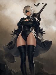 1girl 2b_(nier:automata) absurdres black_blindfold black_hairband black_leotard black_thighhighs blindfold breasts cleavage dust gloves grey_sky hairband highres juliet_sleeves large_breasts leotard lips long_sleeves mole mole_under_mouth nier:automata nier_(series) puffy_sleeves rgate short_hair sky smoke solo sword sword_on_back thighhighs thighs weapon weapon_on_back white_hair wide_hips