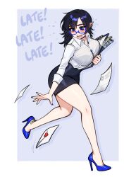 1girl artist_name bare_legs black_choker black_hair blue-framed_eyewear blue_eyes blue_shoes blush blushyspicy bra_visible_through_clothes breasts choker cleavage clipboard ear_piercing earrings english_text envelope fangs full_body glasses high_heels highres holding jewelry large_breasts miniskirt mole mole_under_eye office_lady office_workers_(blushyspicy) pencil_skirt piercing pointy_ears pumps running semi-rimless_eyewear shirt shoes skirt under-rim_eyewear vampire vivian_seong_(blushyspicy) white_shirt