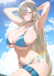 1girl absurdres alternate_costume armpits arms_up artist_name asuna_(blue_archive) bikini black_choker blonde_hair blue_archive blue_bikini blue_eyes blue_ribbon blush breasts choker commentary_request day florida_bikini grin hair_ribbon highres huge_breasts kurozawa_yui long_hair looking_at_viewer meme_attire navel no_halo outdoors presenting_armpit ribbon side-tie_bikini_bottom sideboob signature smile solo stomach swimsuit thigh_strap underboob very_long_hair