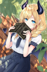 1girl alternate_costume bench black_horns black_necktie black_skirt black_tail black_wings blonde_hair blue_eyes book breasts demon_girl demon_horns demon_tail demon_wings highres holding holding_book hololive horns large_breasts medium_hair necktie pleated_skirt pointy_ears shirt sitting skirt solo tail virtual_youtuber white_shirt wings yappy_(yapis_company) yuzuki_choco