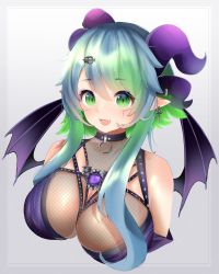 1girl apricot_the_lich apricot_the_lich_(1st_costume) aqua_eyes aqua_hair bat_wings breasts cleavage cleavage_cutout clothing_cutout highres horns jewelry lich me_o_wy medium_breasts pointy_ears short_hair smile solo virtual_youtuber vshojo wings