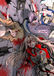 3girls absurdres android anis_(nikke) belt belt_pouch beret black_headwear black_jacket black_shirt blonde_hair blood blood_on_clothes blood_on_face blue_neckerchief broken closed_eyes collared_shirt crack cracked_floor cropped_jacket glasses goddess_of_victory:_nikke grey_shirt gunshot_wound hair_intakes hair_ornament hat highres injury jacket light_brown_hair long_hair multicolored_jacket multiple_girls neckerchief necktie neon_(nikke) on_floor orange_jacket pink_hair pouch rapi_(nikke) red_eyes red_jacket red_necktie sailor shirt shishimaru_(shishibon) two-sided_fabric two-sided_jacket two-tone_jacket weapon white_headwear
