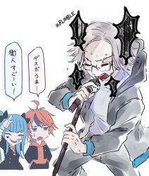1girl 2boys alternate_costume amemiya_darumi aotsuki_eito bandaged_wrist bandages black_bow black_hair black_hoodie black_jacket black_pants blue_eyes blue_hair bow closed_eyes collar grey_hair hands_in_pockets hands_up highres hood hoodie jacket microphone_stand multicolored_hair multiple_boys open_mouth pants red_collar red_hair red_hoodie safety_pin shirt short_hair sumino_takumi the_hundred_line_-last_defense_academy- twintails upper_body white_background white_shirt