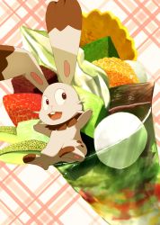 absurdres animal_focus arms_up artist_name brown_background buck_teeth bunnelby cup dessert drinking_glass dutch_angle food food_focus fruit full_body gen_6_pokemon happy highres ice_cream in_food leaning_back looking_back lying melon nintendo no_humans on_back open_mouth pawpads pink_background plaid_background pokemon pokemon_(creature) ribero signature smile solo strawberry teeth