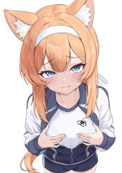1girl absurdres animal_ear_fluff animal_ears awnw blue_archive blue_eyes blue_shorts blush breasts cat_ears cat_girl closed_mouth grabbing_own_breast gym_shirt gym_shorts gym_uniform highres jacket long_hair long_sleeves looking_at_viewer mari_(blue_archive) mari_(track)_(blue_archive) official_alternate_costume orange_hair shirt shorts simple_background small_breasts solo track_jacket white_background white_shirt