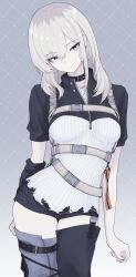 1girl asymmetrical_legwear black_choker black_jacket black_shorts black_thighhighs chest_strap choker closed_mouth earclip girls_band_cry gradient_background grey_background grey_eyes grey_hair highres jacket kawaragi_momoka long_hair looking_at_viewer mismatched_legwear multicolored_hair multicolored_jacket n_nai_nai_n roots_(hair) short_sleeves shorts solo thighhighs two-tone_jacket white_jacket