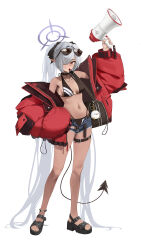 1girl absurdres bag bare_shoulders belt bikini black_belt black_bikini black_tail blue_archive blush breasts choker collar collarbone dark-skinned_female dark_skin demon_tail denim denim_shorts duffel_bag eyewear_on_head full_body grey_hair hair_over_one_eye hair_ribbon halo halterneck highres holding holding_megaphone incredibly_absurdres iori_(blue_archive) iori_(swimsuit)_(blue_archive) jacket long_hair looking_at_viewer medium_breasts megaphone micro_shorts mole mole_on_breast mole_on_thigh multi-strapped_bikini_bottom navel official_alternate_costume open_clothes open_fly open_jacket pointy_ears purple_halo red_eyes red_jacket ribbon sandals short_shorts shorts simple_background solo standing sunglasses swimsuit tail thigh_belt thigh_strap very_long_hair whistle whistle_around_neck white_background zi0807