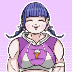 1girl bed_sheet braid braided_ponytail breasts closed_eyes female_focus food food_print highres ice_cream ice_cream_cone ice_cream_print large_breasts mojiro_moko mole mole_under_mouth muscular muscular_female open_mouth purple_hair solo solo_focus teeth the_hundred_line_-last_defense_academy- tongue twin_braids upper_body upper_teeth_only