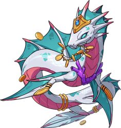 coin creature dragon_village_(series) dragon_village_collection fins game_cg gold_coin gold_necklace jewelry lowres mouth_hold necklace no_humans official_art rakshasa_(dragon_village) sea_serpent tail tail_ornament tail_ring third-party_source transparent_background