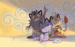 Rule 34 | alolan form, alolan meowth, black eyes, claws, colored sclera, crossed arms, edtropolis, full body, galarian form, galarian meowth, gen 1 pokemon, gen 7 pokemon, gen 8 pokemon, meowth, nintendo, no humans, open mouth, poke ball, poke ball (basic), pokemon, pokemon (creature), smile, whiskers, yellow sclera