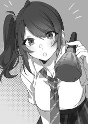 1girl blush breasts character_request collared_shirt commentary_request grey_background greyscale hand_up holding large_breasts leaning_forward looking_at_viewer monochrome novel_illustration official_art open_mouth second-party_source shirt side_ponytail simple_background solo tomari_(veryberry00) tomodachi_no_imouto_ga_ore_ni_dake_uzai wing_collar
