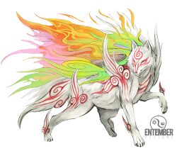 animal animal_focus artist_name closed_mouth commentary english_commentary entemberdesigns from_side full_body highres making-of_available multicolored_fire no_humans ookami_(game) reflector_(ookami) shiranui_(ookami) smoke solo speedpaint third-party_edit transparent_background turning_head white_wolf wolf