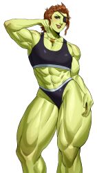 1girl abs absurdres black_panties black_sports_bra brown_hair colored_skin eyepatch freckles green_skin highres jewelry looking_at_viewer muscular muscular_female necklace original panties purple_eyes short_hair simple_background solo sotcho sports_bra sportswear underwear white_background