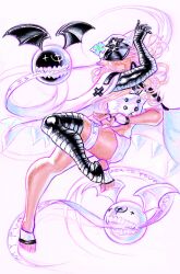 1girl absurdres arm_up asymmetrical_legwear bandaged_arm bandaged_leg bandages black_bandages blonde_hair cloak clover dark-skinned_female dark_skin feet floating full_body guilty_gear guilty_gear_strive hat highres leg_up lucifero_(guilty_gear) ramlethal_valentine short_shorts shorts thigh_strap wings yellow_eyes