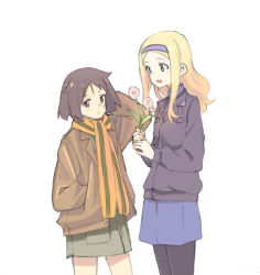 2girls aleksandra_i._pokryshkin averting_eyes bandage_on_face bandages black_hairband black_jacket black_leggings blonde_hair blue_hairband blue_shirt blue_skirt blush brave_witches brown_hair brown_jacket closed_mouth collared_shirt commentary_request cowboy_shot dot_mouth dot_nose flower green_scarf green_skirt hair_flaps hairband hand_in_pocket hand_on_own_head highres holding holding_flower jacket kanno_naoe leather leather_jacket leggings long_sidelocks long_sleeves looking_at_another miniskirt multiple_girls open_clothes open_jacket open_mouth parted_bangs pink_flower raised_eyebrow scarf shiratama_(hockey) shirt short_hair sidelocks simple_background skirt striped_clothes striped_scarf two-tone_hairband wavy_hair white_background world_witches_series yellow_scarf