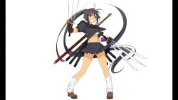 Rule 34 | 1girl, absurdres, black hair, black shirt, black skirt, breasts, brown shoes, chest sarashi, dark-skinned female, dark skin, gluteal fold, green eyes, grin, highres, holding, holding sword, holding weapon, homura (senran kagura), large breasts, long hair, midriff, multiple swords, navel, non-web source, official art, pillarboxed, ponytail, sarashi, senran kagura, senran kagura shoujo-tachi no shin&#039;ei, shirt, shoes, skirt, smile, socks, solo, sword, tan, weapon, white background, white socks, yaegashi nan