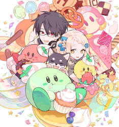 1boy 1girl black-framed_eyewear black_hair blue_bow blue_flower bow box braid cake cake_slice confetti cookie cream cup flower food fork gift gift_box glasses hair_bow hair_flower hair_ornament headphones headphones_around_neck highres iv_4t kirby kirby&#039;s_dream_buffet kirby_(series) kuroi_shiba light_brown_hair long_hair machita_chima neckerchief nijisanji nintendo pancake pretzel red_eyes shiba_inu spoon star_(symbol) strawberry_shortcake swiss_roll teacup virtual_youtuber waddle_dee yellow_eyes yellow_neckerchief yumeoi_kakeru
