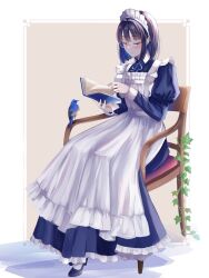1girl absurdres apron bird black_hair blue_dress book chair dress glasses high_heels highres holding holding_book kanata_(harukakanatan) maid maid_apron maid_headdress neck_ribbon on_chair original plant reading ribbon sitting solo vines white_apron