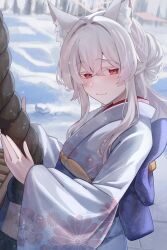 1girl absurdres akira_(blue_archive) alternate_costume animal_ears blue_archive cat_ears cat_girl closed_mouth colored_eyelashes commentary_request day furisode halo hatsumoude highres japanese_clothes kimono light_blush long_hair looking_at_viewer new_year oiru_(613) outdoors red_eyes smile snow solo white_hair white_kimono wings winter