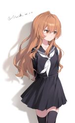 1girl absurdres aisaka_taiga arms_behind_back black_sailor_collar black_shirt black_skirt black_thighhighs blush brown_eyes brown_hair closed_mouth hair_between_eyes highres long_hair looking_to_the_side morimori_(14292311) neckerchief sailor_collar shirt sidelocks skirt solo thighhighs toradora! white_neckerchief