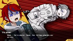 2boys aotsuki_eito blue_eyes blue_hair chain danganronpa_(series) danganronpa_2:_goodbye_despair english_text glasses hair_between_eyes highres lying male_focus multicolored_hair multiple_boys on_side open_mouth parody red_hair scene_reference sumino_takumi sweatdrop the_hundred_line_-last_defense_academy- white_hair
