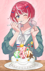 1girl absurdres cake colored_inner_hair food highres ice_cream idolmaster idolmaster_va-liv multicolored_hair red_hair short_hair tomori_manaka tonguewasabi two-tone_hair virtual_youtuber
