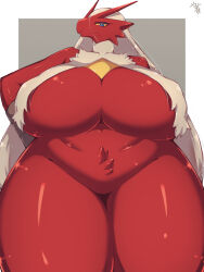 1girl blaziken blonde_hair blue_eyes breasts brown_background colored_sclera colored_skin creatures_(company) female_focus from_below furry furry_female game_freak gen_3_pokemon highres huge_breasts long_hair looking_at_viewer nintendo plump pokemon red_skin shiny_skin simple_background solo sweatdrop thick_thighs thighs wide_hips yasume_(cheap_melon_soda) yellow_sclera