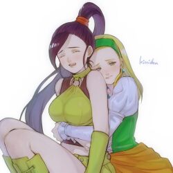 Rule 34 | 2girls, artist name, bead necklace, beads, black tank top, blonde hair, boots, breasts, closed eyes, colored eyelashes, commentary request, couple, dragon quest, dragon quest xi, dress, earrings, green dress, green footwear, green hairband, hair pulled back, hairband, half-closed eyes, head on another&#039;s back, high ponytail, hug, hug from behind, jewelry, juliet sleeves, kimidori (kimidoriri), knee boots, large breasts, long hair, long sleeves, martina (dq11), midriff, multiple girls, necklace, o-ring, o-ring top, open mouth, ponytail, puffy sleeves, purple eyes, purple hair, senya (dq11), shirt, shirt under dress, sitting, smile, sphere earrings, tank top, white background, white shirt, yuri